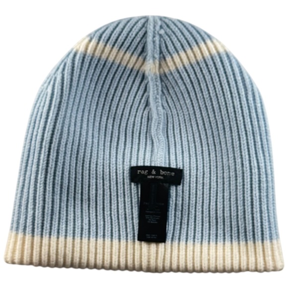 Rag & Bone Addison Striped Wool Beanie Light Blue Cream - Picture 4 of 5